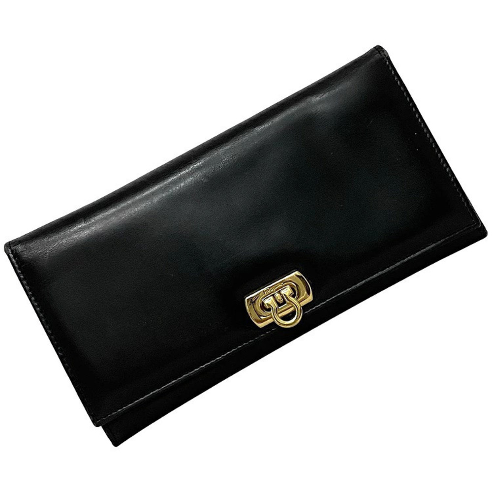 Salvatore Ferragamo Bifold Long Wallet Gancini Leather Calf Slim Gold Black